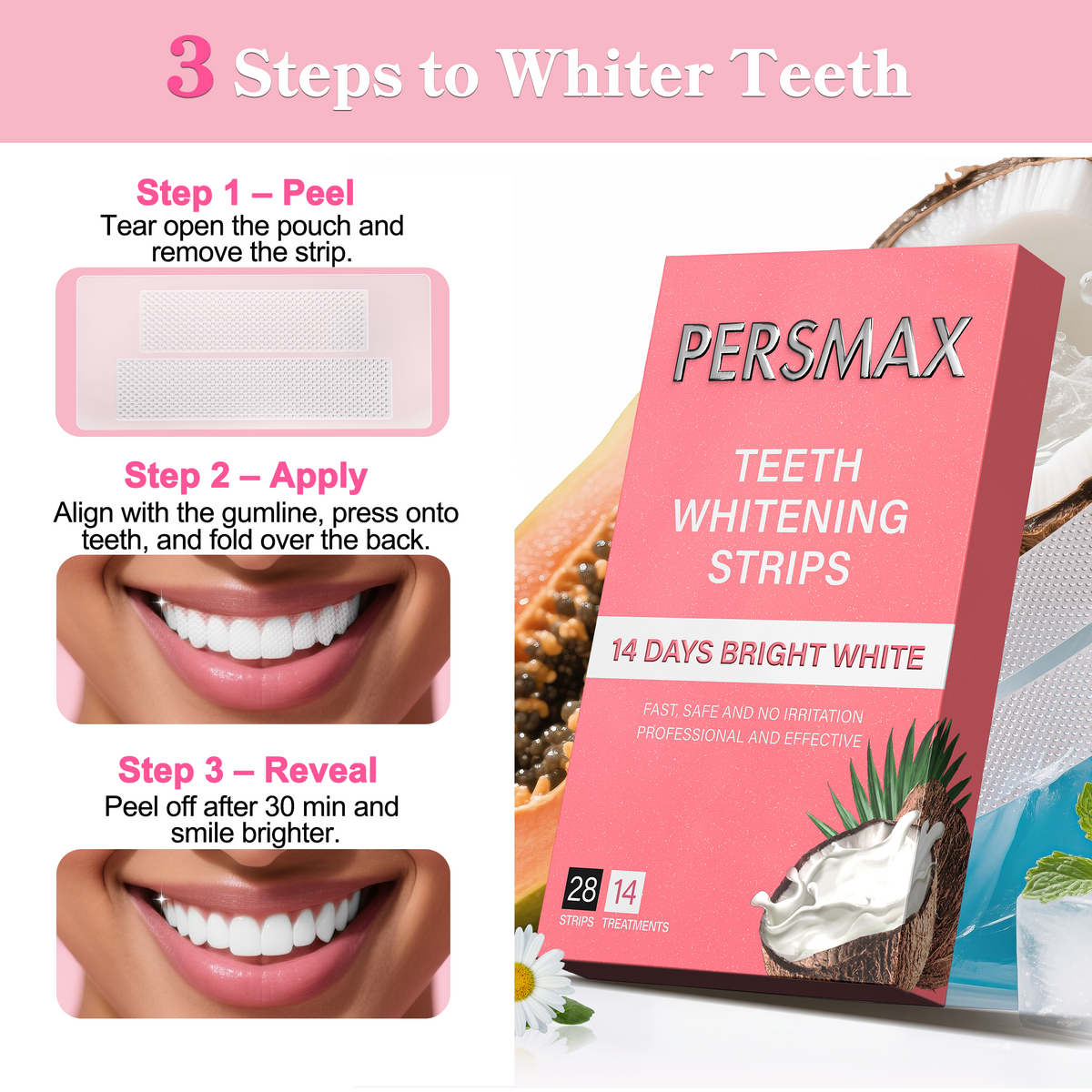 PERSMAX Coconut Flavor Teeth Whitening Strips-14 Treatments 28 Strip - PERSMAX