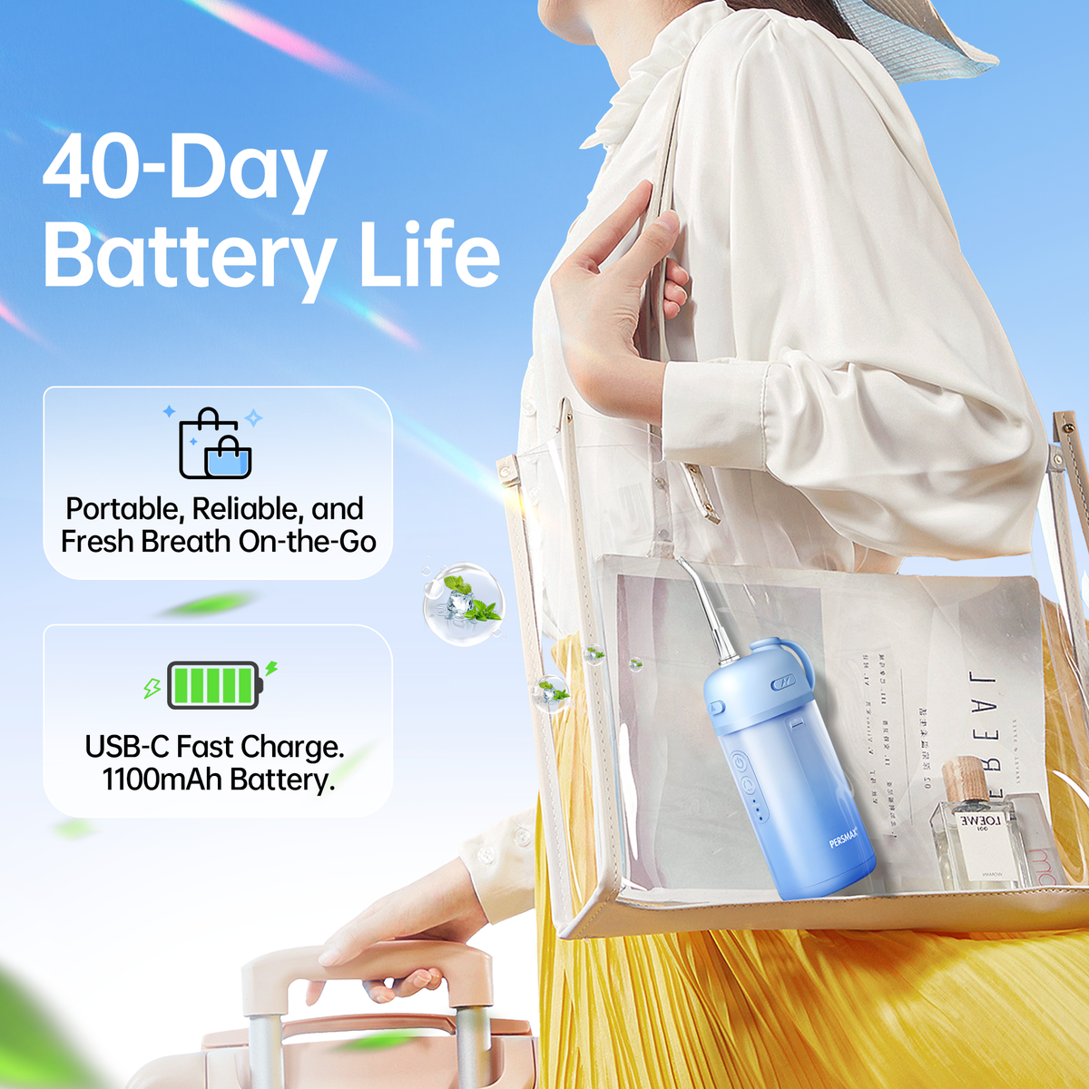 Water Flosser for Orthodontics Teeth Cleaning - Portable Electric Oral Irrigator Pick for Braces, Travel, Kids, with 3 Modes 8 Pressure Settings, 8 Tips, 150ML, IPX7, Gradient Blue - PERSMAX