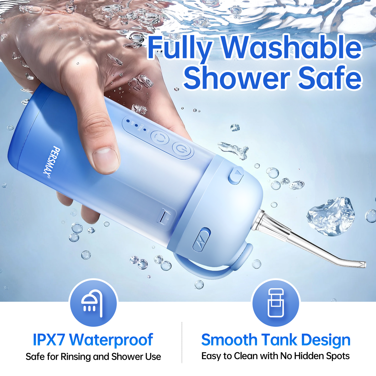 Water Flosser for Orthodontics Teeth Cleaning - Portable Electric Oral Irrigator Pick for Braces, Travel, Kids, with 3 Modes 8 Pressure Settings, 8 Tips, 150ML, IPX7, Gradient Blue - PERSMAX