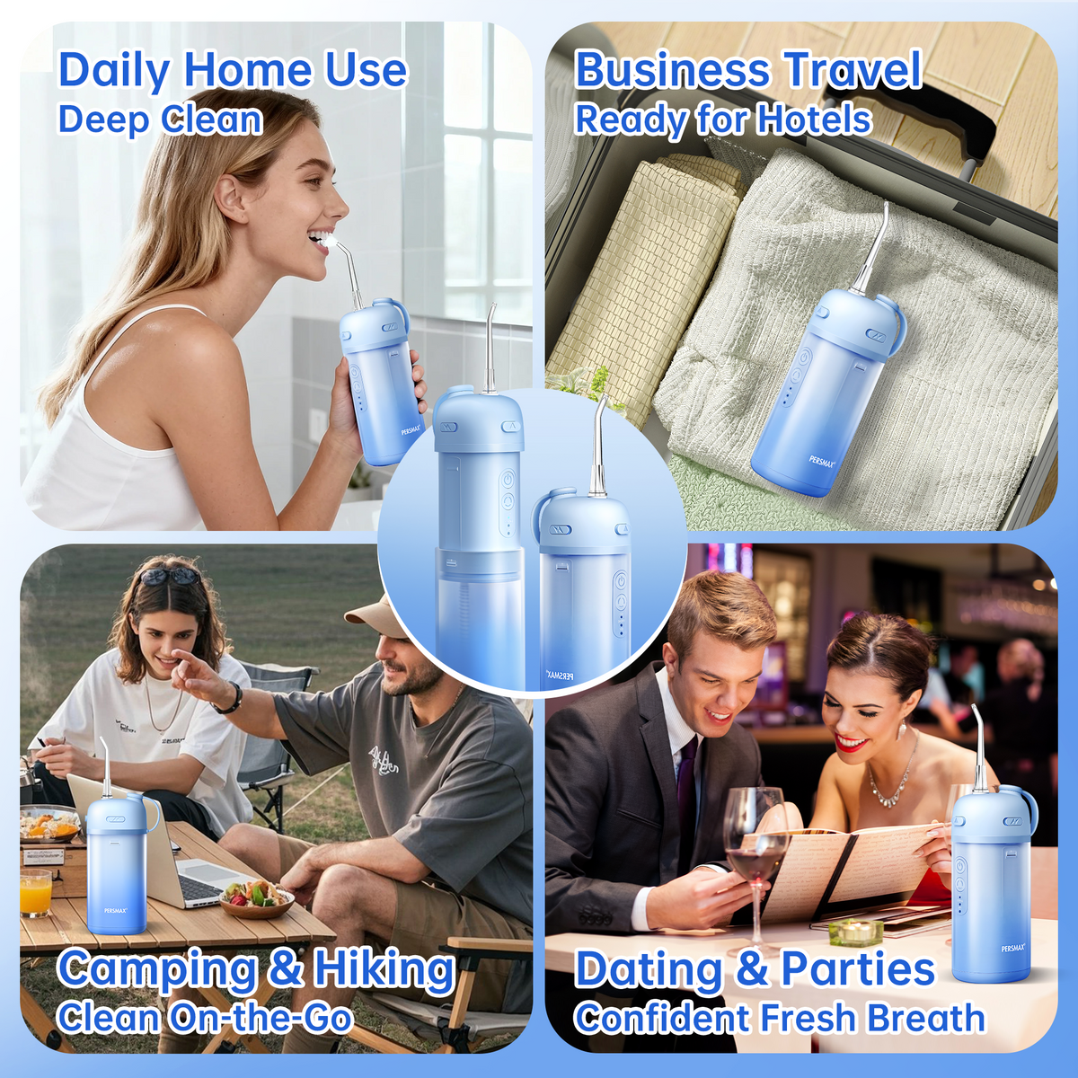 Water Flosser for Orthodontics Teeth Cleaning - Portable Electric Oral Irrigator Pick for Braces, Travel, Kids, with 3 Modes 8 Pressure Settings, 8 Tips, 150ML, IPX7, Gradient Blue - PERSMAX