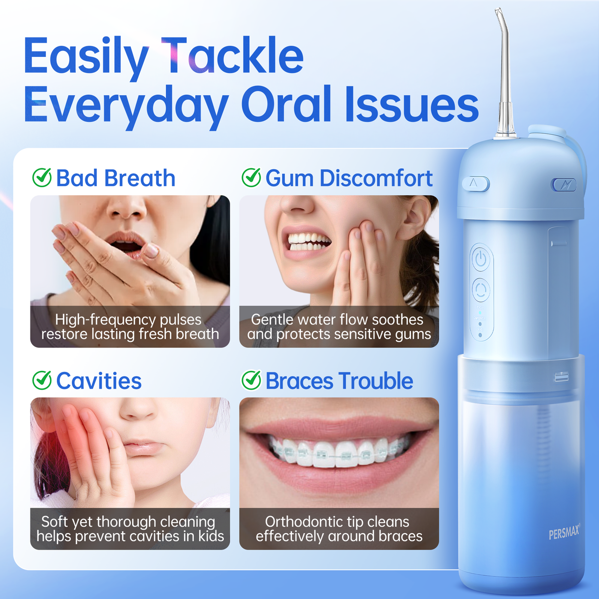 Water Flosser for Orthodontics Teeth Cleaning - Portable Electric Oral Irrigator Pick for Braces, Travel, Kids, with 3 Modes 8 Pressure Settings, 8 Tips, 150ML, IPX7, Gradient Blue - PERSMAX