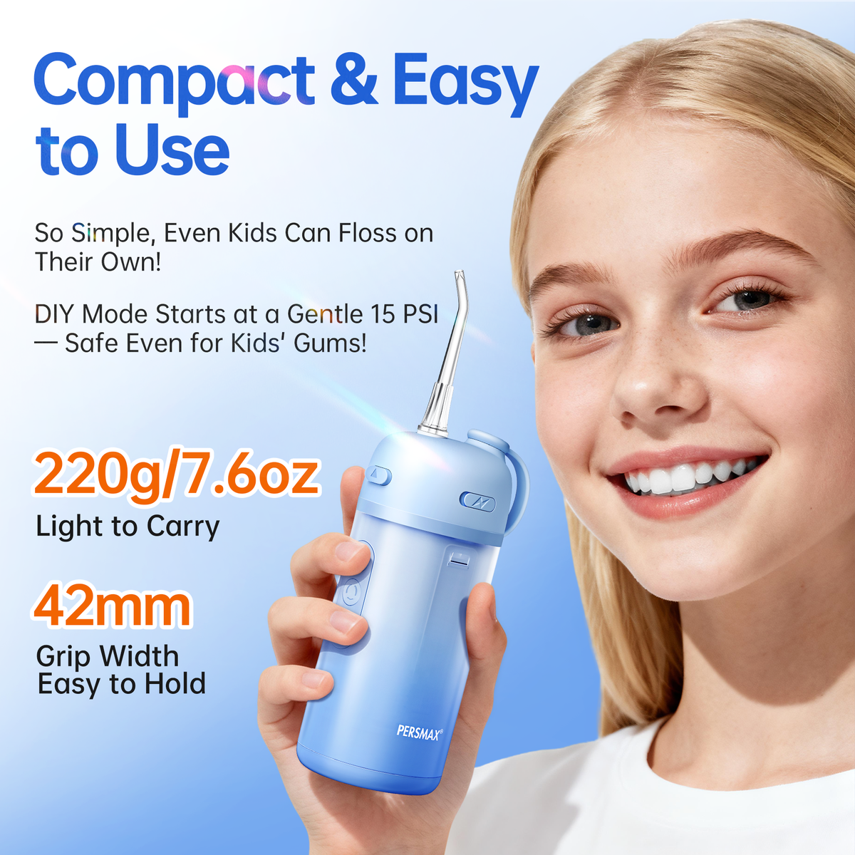 Water Flosser for Orthodontics Teeth Cleaning - Portable Electric Oral Irrigator Pick for Braces, Travel, Kids, with 3 Modes 8 Pressure Settings, 8 Tips, 150ML, IPX7, Gradient Blue - PERSMAX