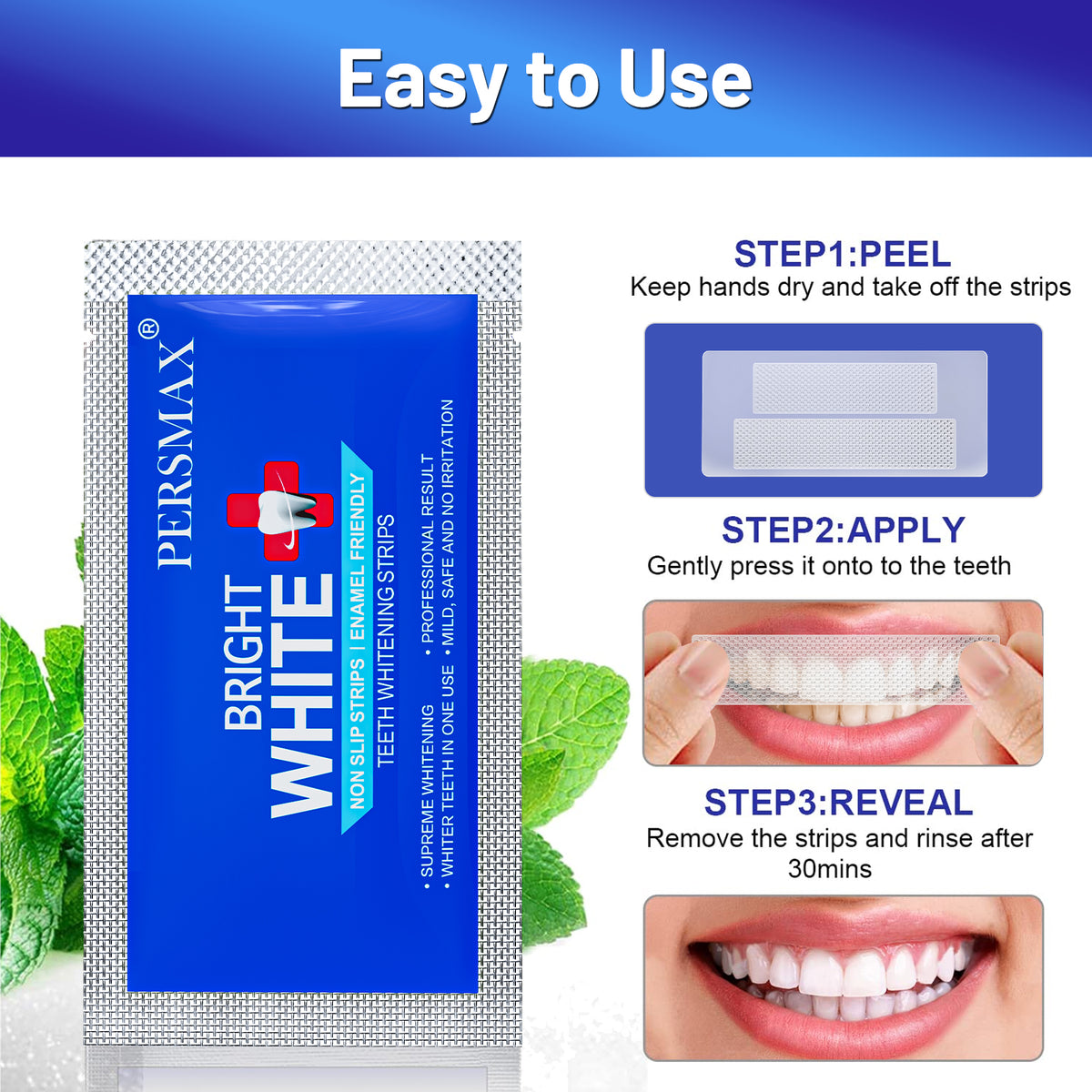 PERSMAX Teeth Whitening Strips – Professional Dentist Approved, Gum-Safe Formula, 28 Non-Slip Strips Kit, 14 Treatment, Pain-Free Express Whitening in 30 Min, Easy to Use for Bright Smile - PERSMAX
