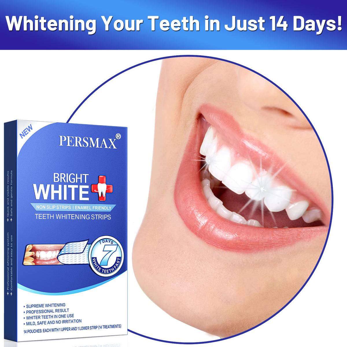 PERSMAX Teeth Whitening Strips – Professional Dentist Approved, Gum-Safe Formula, 28 Non-Slip Strips Kit, 14 Treatment, Pain-Free Express Whitening in 30 Min, Easy to Use for Bright Smile - PERSMAX