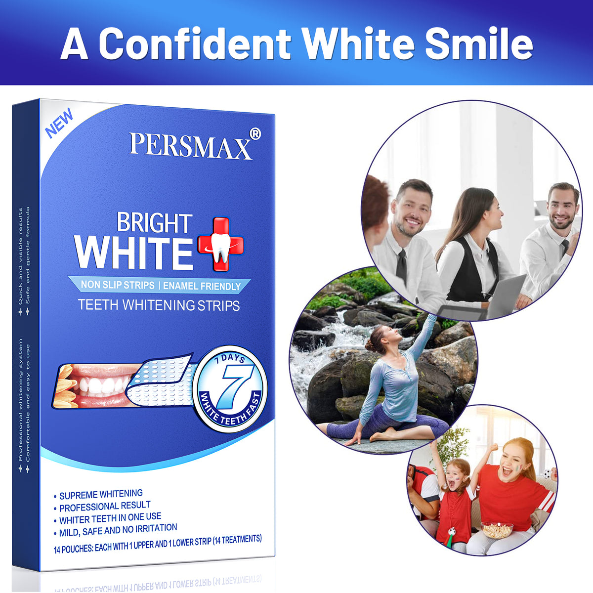 PERSMAX Teeth Whitening Strips – Professional Dentist Approved, Gum-Safe Formula, 28 Non-Slip Strips Kit, 14 Treatment, Pain-Free Express Whitening in 30 Min, Easy to Use for Bright Smile - PERSMAX